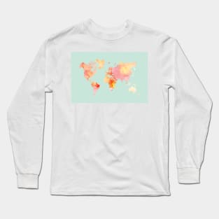 World Map Watercolor, Blush and Mint Palette Long Sleeve T-Shirt